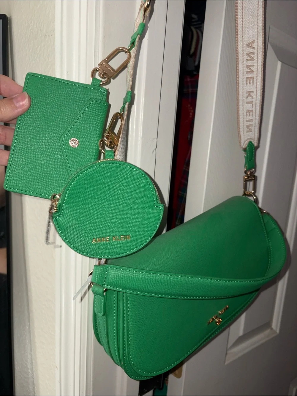 Anne Klein Bright Green Crescent Crossbody with Gold Hardware